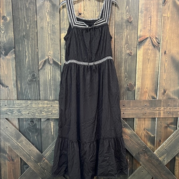 Old Navy Maxi Dress L Tall Black Embroidered Square Ruffle Textured Boho Peasant - Picture 1 of 14